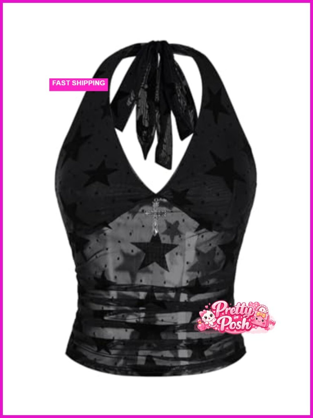 Y2K Gothic Mesh Halter Top Sheer Backless Crop Top Going Out Emo Rave